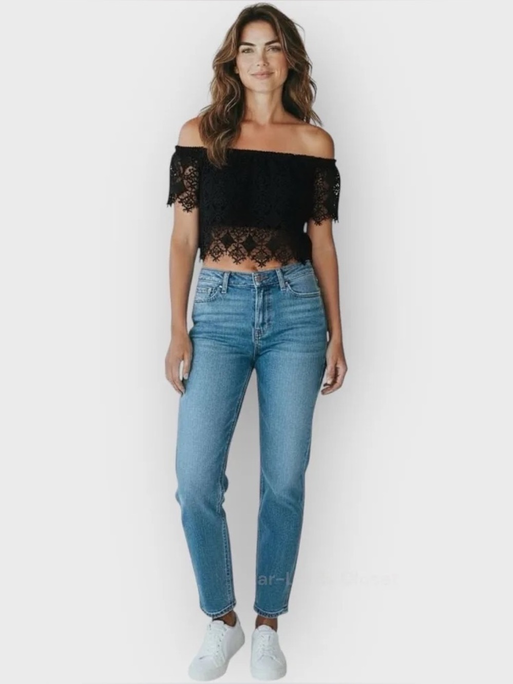 Haute Monde Off-Shoulder Black Lace Crop Top - Women's